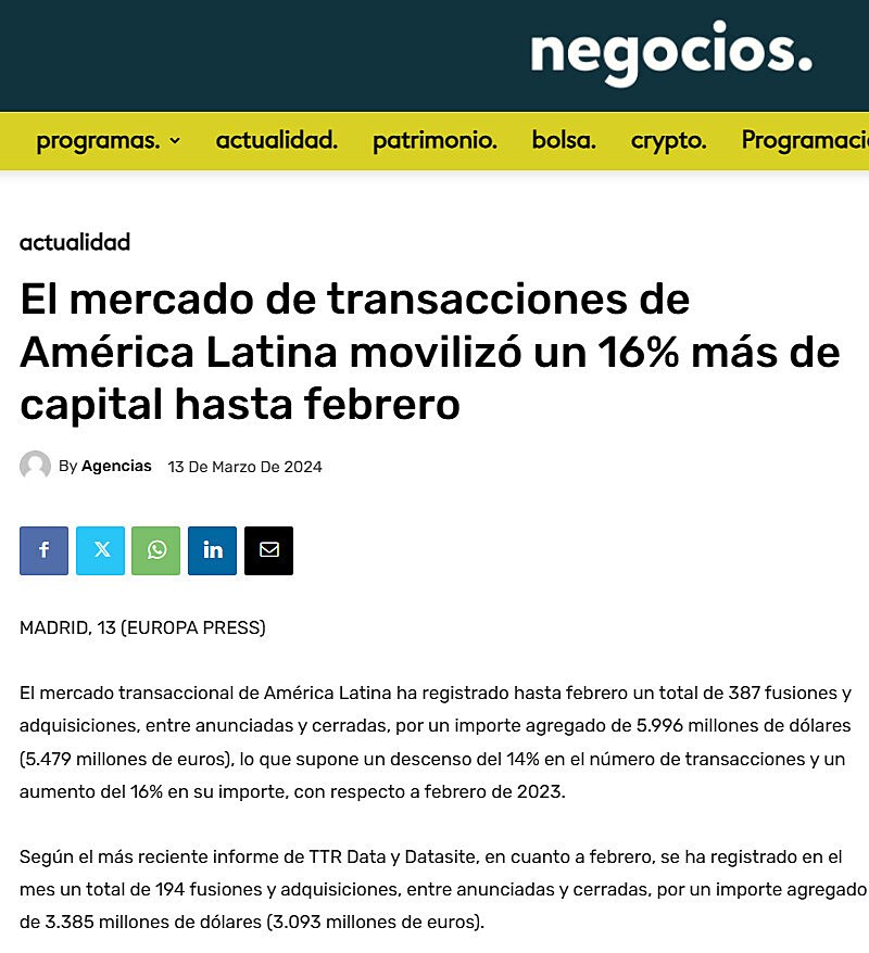 El mercado de transacciones de Amrica Latina moviliz un 16% ms de capital hasta febrero